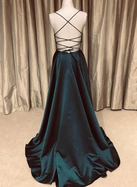 Simple Dark Green Satin Long V Neck Prom Dress  Evening Dress  PSK105