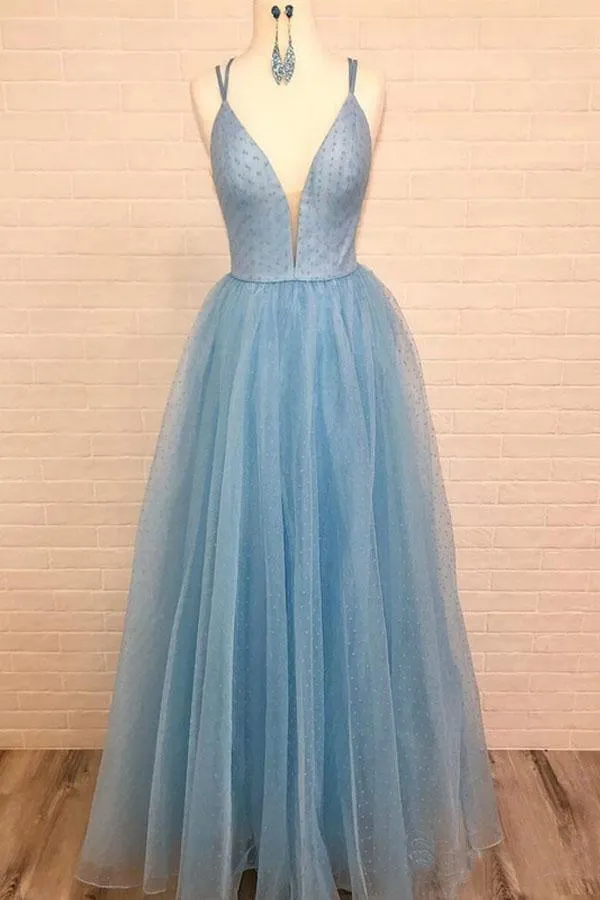 Spaghetti Strap V Neck Sky Blue Prom Dress with Tiny Dot Print  PG935