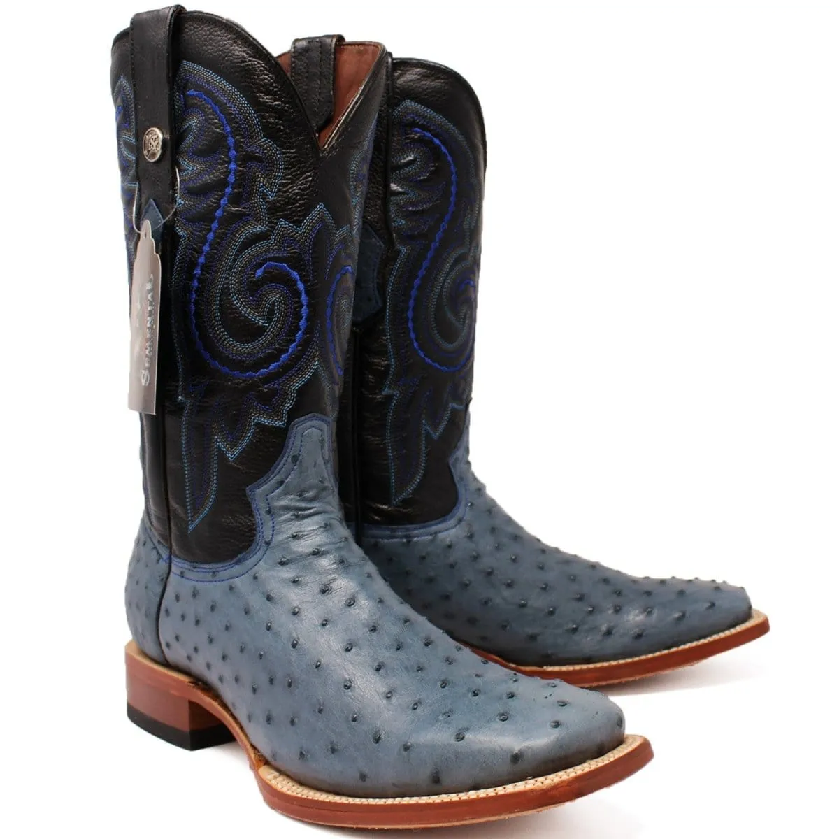 Tanner Mark Men's Genuine Full Quill Ostrich Square Toe Boots Blue JEAN TMX200502