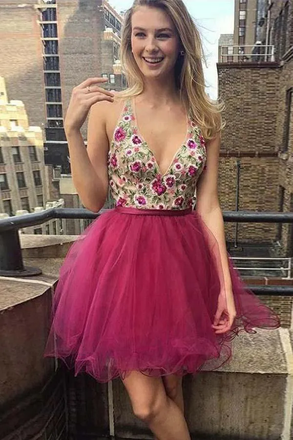 V Neck Embroidery Backless Homecoming Dresses Short Prom Dress  PD361