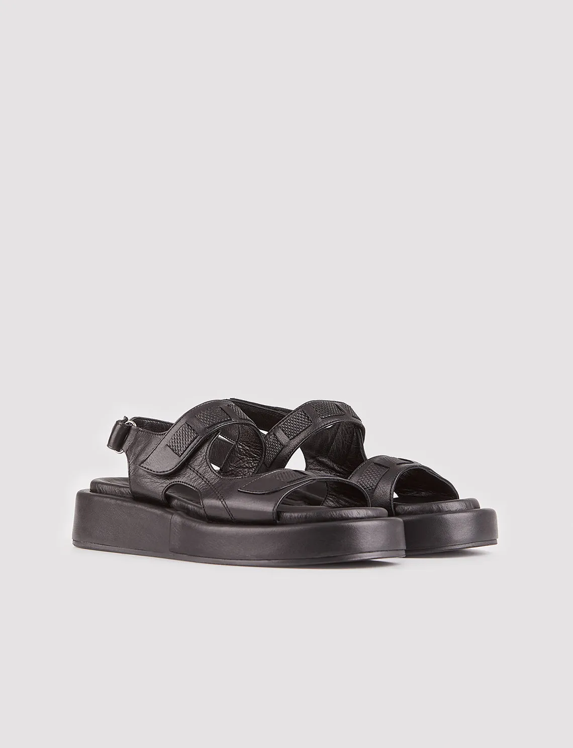 Women Black Genuine Leather Hook-And-Loop Sandals